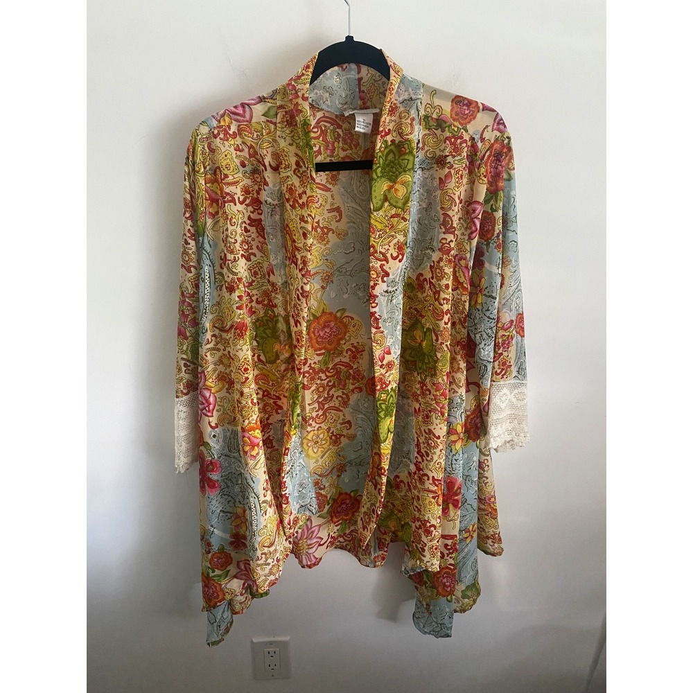 J Lee Kimono Cardigan Muti Color‎ Floral Lace Trim Lightweight XL